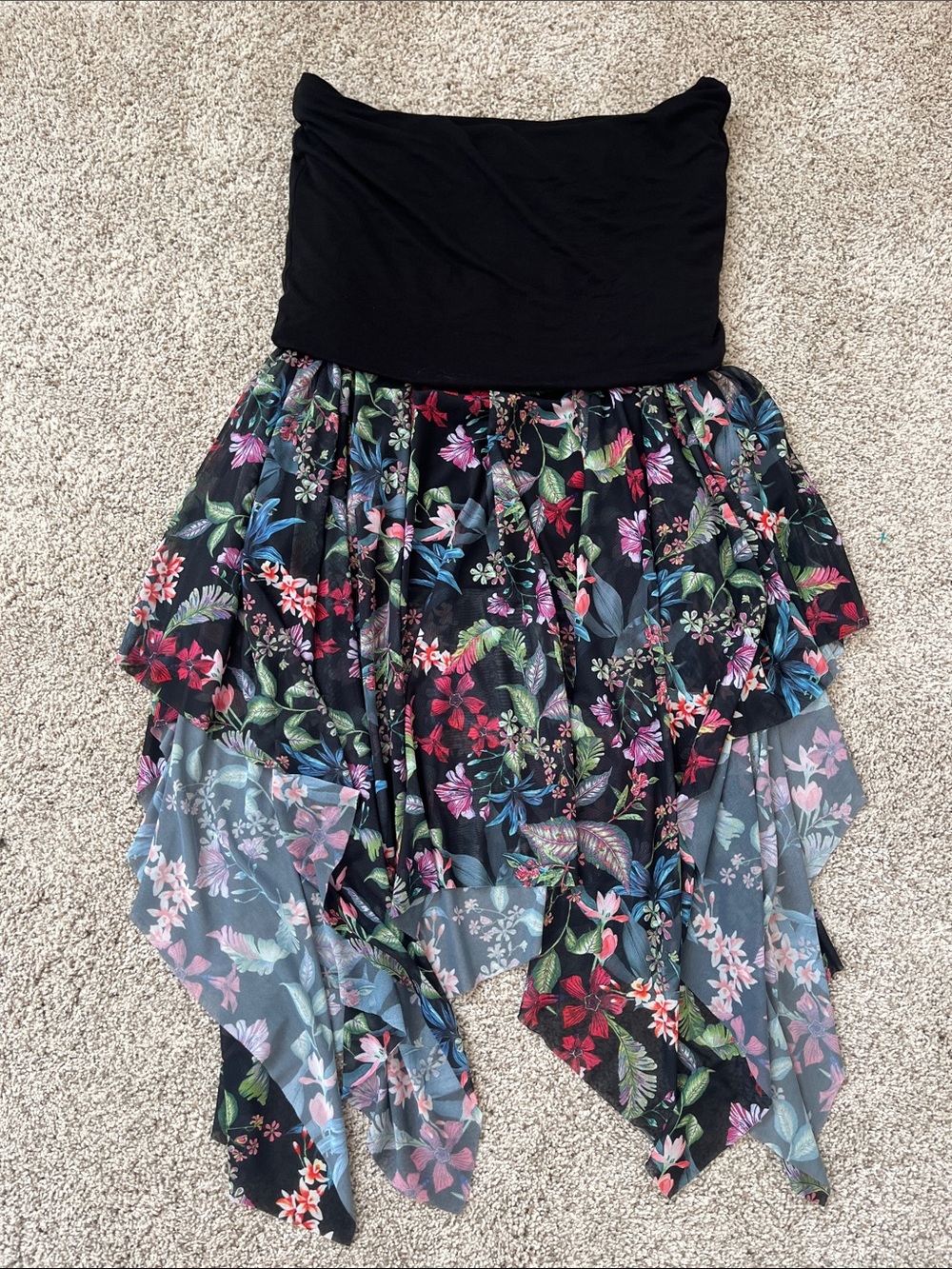 La Vie En Rose Black Strapless Floral Handkerchief Hem Dress swim coverup